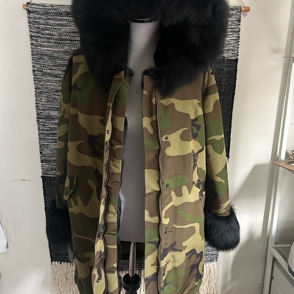 VOLARE New York Camouflage fox fur jacket army green and black size S NWT - Picture 6 of 16